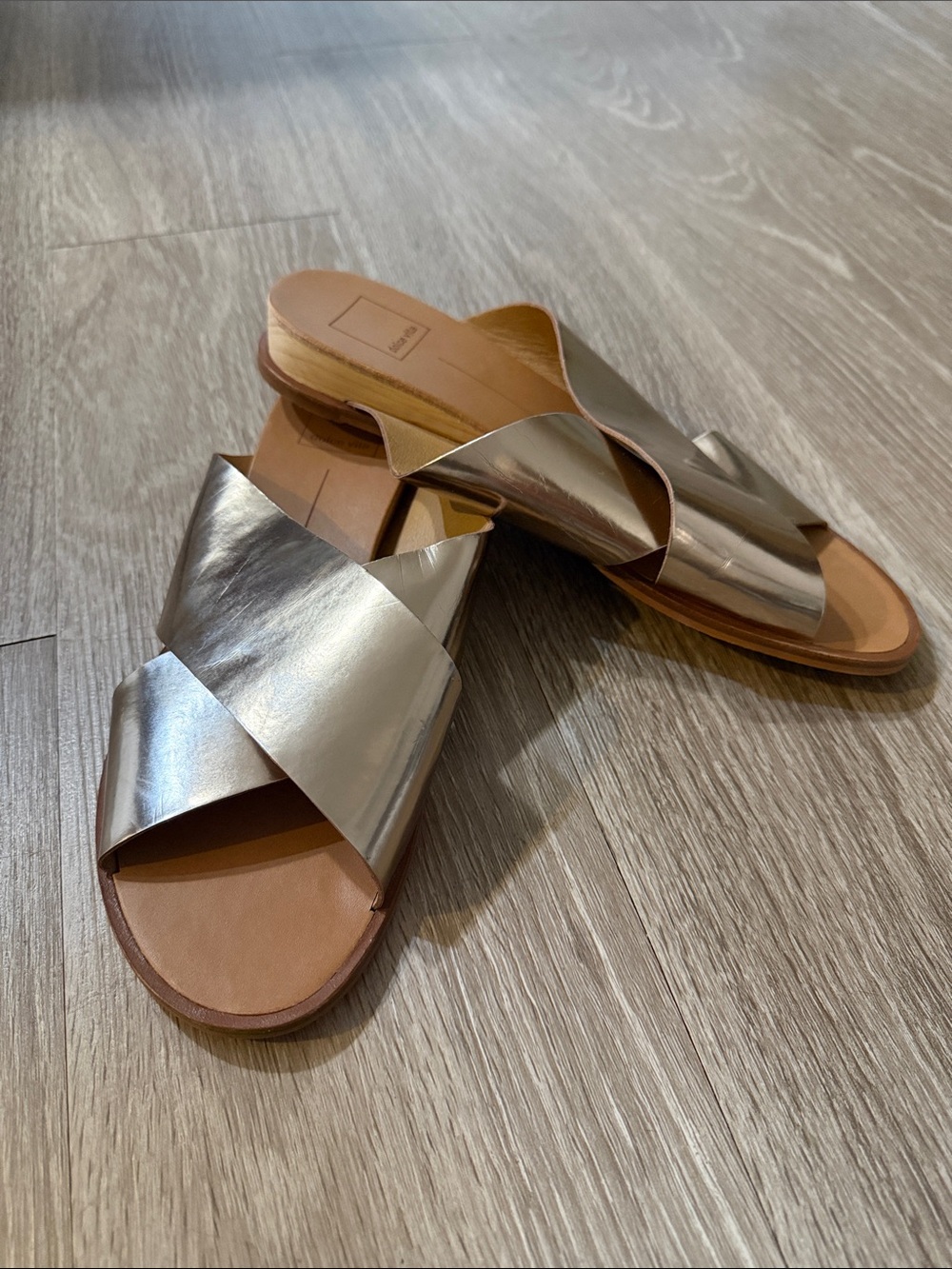 Dolce Vita Metallic Silver Cross-Strap Slide Sandals NWT